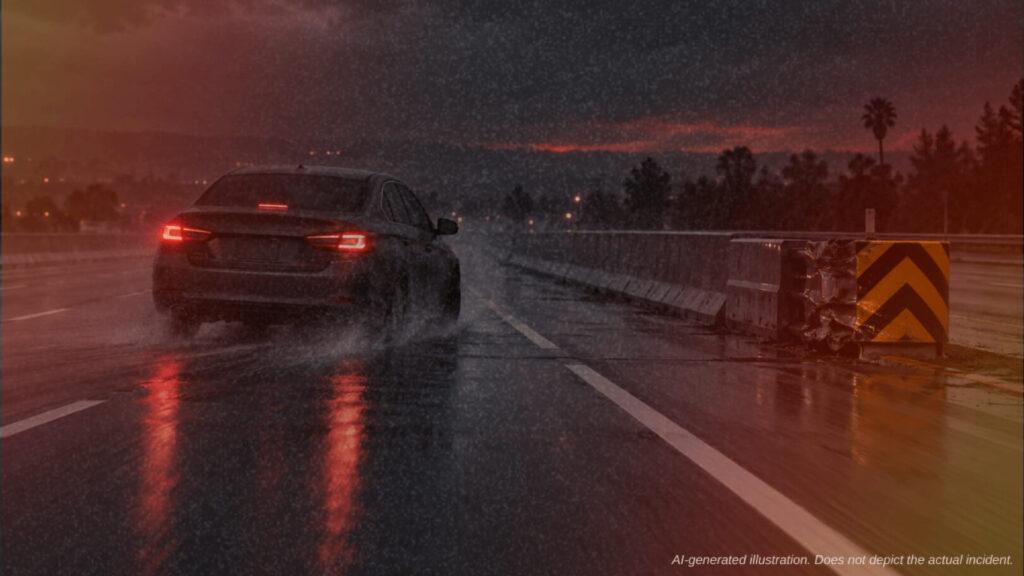 A rain-soaked freeway at night, the crash scene at the center of the Walsh case