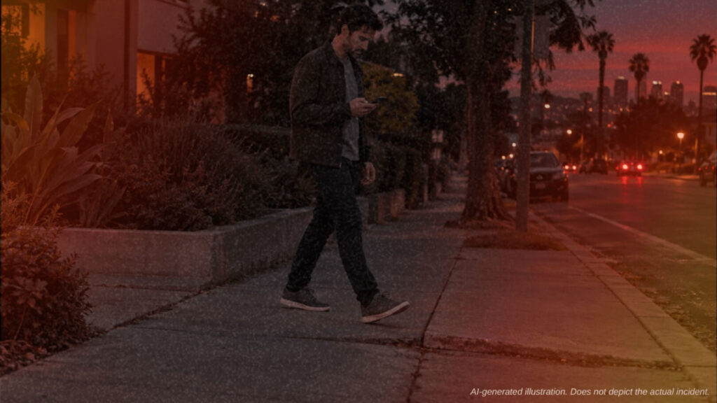A pedestrian crossing a street at dusk, the incident at the center of the Heravi case